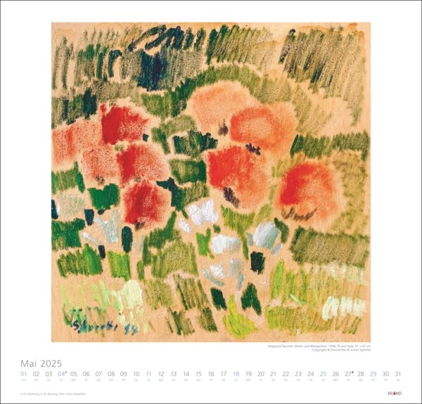 Eine künstlerische Kalenderseite für Mai 2025 mit einem lebendigen impressionistischen Gemälde von Siegward Sprotte 2025 mit roten und weißen Blumen mit grünem Laub auf einem strukturierten Hintergrund. Unter dem Kunstwerk befindet sich ein