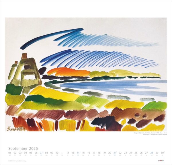 Dieses Bild zeigt ein farbenfrohes abstraktes Landschaftsgemälde von Siegward Sprotte 2025 für den Monat September im Kalenderformat, mit Streifen, die Himmel, Felder und Boden in verschiedenen Farben darstellen.