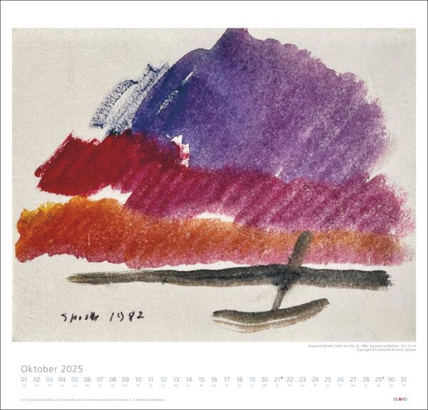 Ein abstraktes Aquarell mit einer kräftigen, pinselstrichgetriebenen Darstellung einer Landschaft in Lila-, Rot- und Orangetönen. Unter dem Gemälde befindet sich ein Kalender für Siegward Sprotte 2025 mit Tagen.