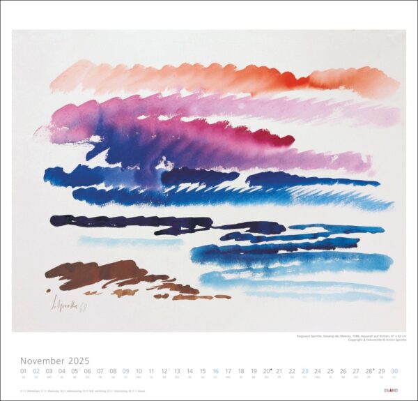 Eine Siegward Sprotte-Kalenderseite für November 2025 mit abstrakten horizontalen Pinselstrichen in Blau-, Lila- und Rottönen. Die Tage sind unter dem Bild angeordnet.