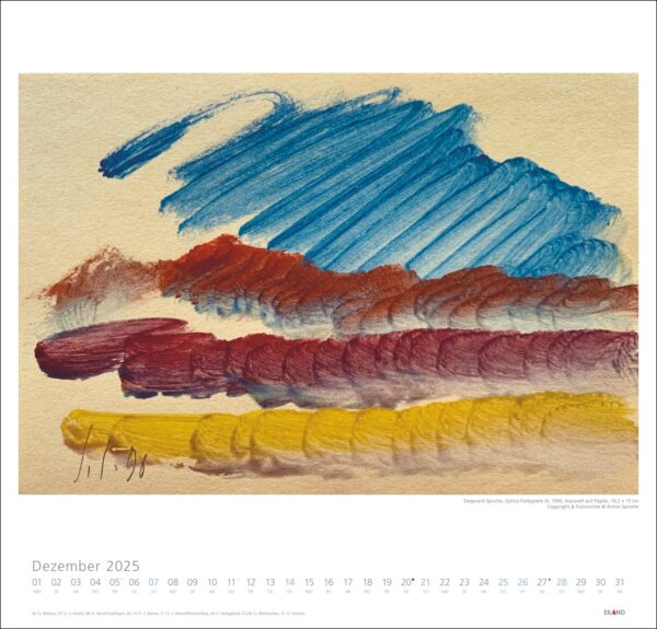 Eine abstrakte Kunstkalenderseite für Dezember 2025 mit horizontalen Pinselstrichen in Blau-, Rot- und Goldtönen von Siegward Sprotte 2025 auf strukturiertem Papier, mit unten aufgeführten Daten