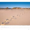 Eine Kalenderseite für Inseln & Meer 2025, die eine ruhige Strandszene mit einer Fußspur zeigt, die durch glatten Sand zu Dünen und einem entfernten Leuchtturm unter einem klaren Himmel führt.