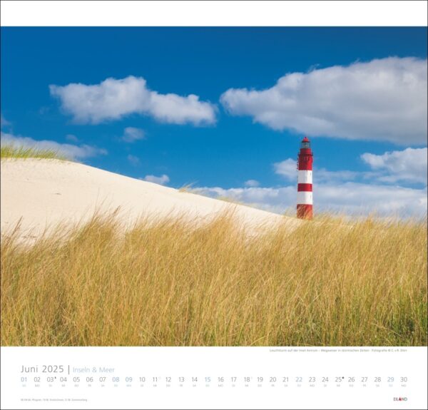 Eine Kalenderseite von Inseln & Meer 2025 für Juni mit einer lebendigen Landschaft mit einem rot-weiß gestreiften Leuchtturm im Hintergrund, umgeben von Sanddünen, die mit hohem, goldenem Gras bedeckt sind, unter einem klaren blauen Himmel
