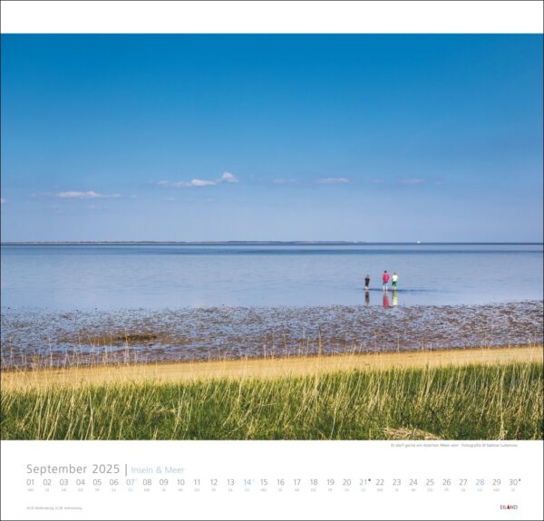 Eine Kalenderseite von Inseln & Meer 2025 mit einer ruhigen Landschaft mit klarem blauen Himmel, weitläufigem Meer und zwei Menschen, die im seichten Wasser in Ufernähe stehen, getrennt durch einen Streifen grünes Gras.