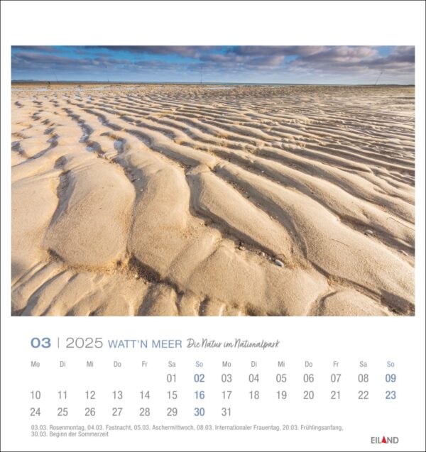 A Watt'n Meer - PostkartenKalender 2025 für März, mit einem Foto eines Watts mit verschlungenen Wasserkanälen, die Muster im Sand erzeugen, unter einem klaren blauen Himmel. Die Daten sind unter dem