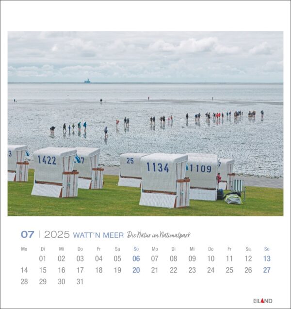 Eine Watt'n Meer - PostkartenKalender 2025 Seite für Juli mit einem Bild von Menschen, die an einem seichten Meeresufer entlanggehen. Im Vordergrund sind Strandkörbe mit Zahlen zu sehen. Am Horizont ist ein Schiff zu sehen.