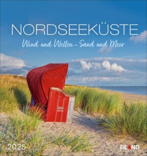 Cover eines Nordseeküste - PostkartenKalenders 2025 mit dem Titel "Nordseeküste", mit roten Strandkörben auf einer Sanddüne unter blauem Himmel, mit dem Meer und der Ferne