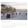 Eine ruhige Strandszene mit einem großen, vom Wind zerzausten Baum und drei Strandstühlen (einer blau, einer rot und einer gestreift), die auf dem Sandboden der Nordseeküste angeordnet sind – PostkartenKalender 2025.