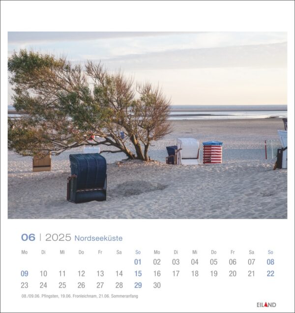 Eine ruhige Strandszene mit einem großen, vom Wind zerzausten Baum und drei Strandstühlen (einer blau, einer rot und einer gestreift), die auf dem Sandboden der Nordseeküste angeordnet sind – PostkartenKalender 2025.