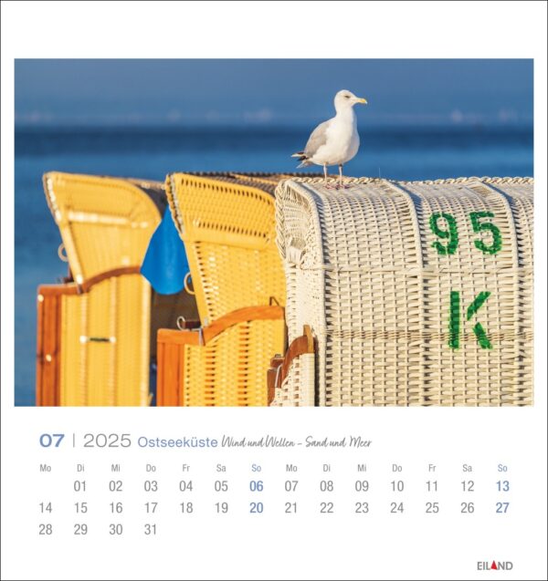 Eine Möwe sitzt auf einer Reihe bunter Strandstühle mit der Nummer 95, an einem hängt ein blaues Handtuch. Im Hintergrund ist ein ruhiges Meer unter einem hellen Himmel zu sehen. Darunter ist ein Ostseeküste - PostkartenKalender 2025.