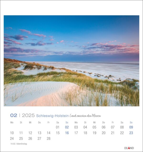 Eine Seite des Schleswig-Holstein - PostkartenKalenders 2025 für Februar mit einer ruhigen Strandszene bei Sonnenuntergang mit pastellfarbenem Himmel, sanften Wellen und Sanddünen, die mit spärlicher Vegetation bedeckt sind. Tage und Daten sind in einem Kalenderformat aufgeführt.