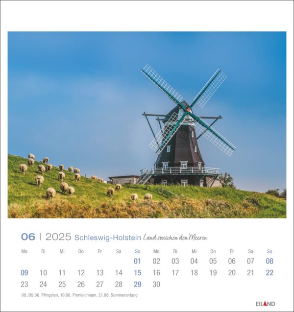 Eine Juni-Kalenderseite aus dem Schleswig-Holstein - PostkartenKalender 2025, mit einer traditionellen Windmühle in Schleswig-Holstein, Deutschland. Die Windmühle steht auf einem grasbewachsenen Hügel mit