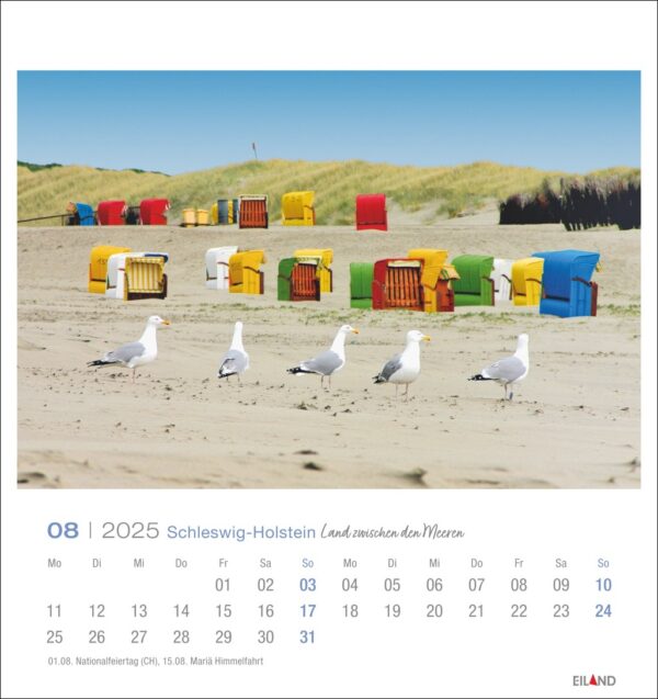 Eine Seite des Schleswig-Holstein - PostkartenKalenders 2025 für August 2025 zeigt einen ruhigen Strand mit Reihen bunter Strandkörbe in Gelb, Rot, Blau und Grün. Im Vordergrund mehrere Möwen.