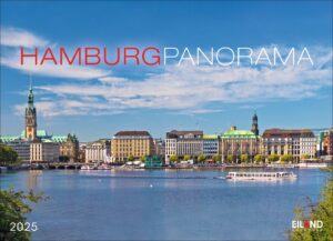 Panoramablick auf Hamburg mit der Alster im Vordergrund und markanten Wahrzeichen der Stadt, darunter das Rathaus mit seinem Turm. Klarer blauer Himmel, Text „Hamburg Panorama 2025“.