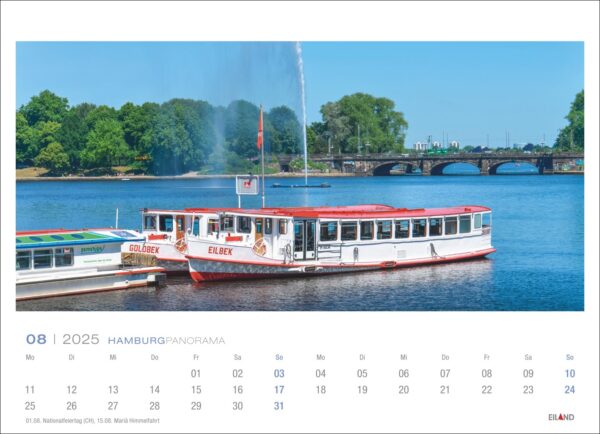 Eine Kalenderseite für das Hamburg Panorama 2025 mit einem Foto eines weißen Flussschiffs mit der Aufschrift „Goldbek“ auf der Seite, das auf dem Hamburg Panorama Fluss kreuzt. Eine Brücke und ein Springbrunnen.
