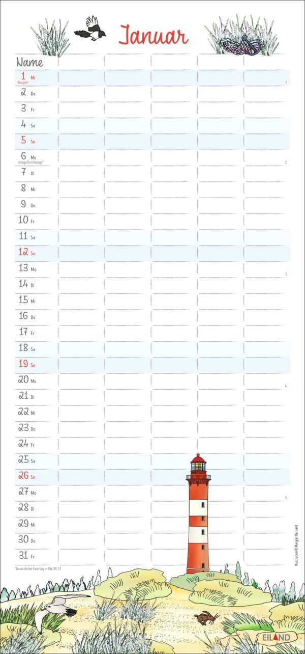 Ein illustrierter „An der Waterkant – FamilienPlaner 2025“ für Januar mit vertikal aufgelisteten Tagen und Daten neben einer Leuchtturmszene. Der Leuchtturm ist rot und weiß gestrichen, von Grün umgeben und über ihm schweben Vögel.