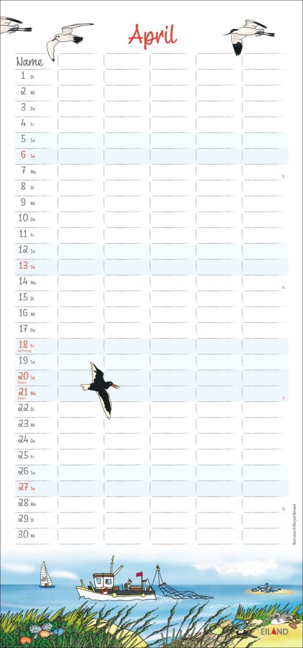Kalenderblatt für April mit leeren Zeilen für Notizen, oben abgebildete Möwen und unten eine Strandszene mit Boot, Leuchtturm und Wildtieren. Ideal als An der Waterkant - FamilienPlaner 2025.