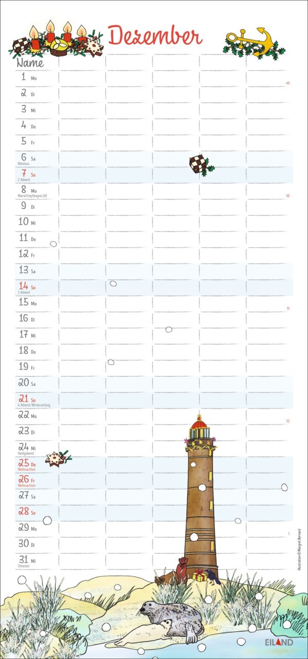 Ein An der Waterkant - FamilienPlaner 2025-Kalender für Dezember mit festlichen Dekorationen wie Mistelzweigen und Kerzen oben. Jeder Tag enthält deutsche Abkürzungen für die Wochentage. Unten ist ein