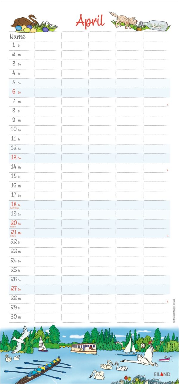 Der Hamburger - FamilienPlaner 2025 April-Kalender mit betitelten Überschriften, die jeden Tag der Woche anzeigen. Der obere Rand zeigt Gartenmotive. Der untere zeigt eine ländliche Landschaftsszene mit einem Fluss, Booten, einem