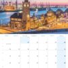 Eine Kalenderseite für Hamburg …meine Perle 2025 mit einem Landschaftsfoto des Hamburger Hafens in der Abenddämmerung mit sichtbaren historischen Gebäuden und Kränen. Die Daten sind unter dem Bild angeordnet. Titel „Hamburg Meine Perle 2025