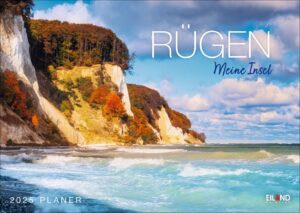Ein lebendiges Werbeplakat für Rügen …meine Insel 2025, mit Kreidefelsen unter blauem Himmel mit flauschigen Wolken und turbulenten türkisfarbenen Meereswellen im Vordergrund. Der Text „Rügen, meine Insel“ und