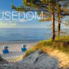 Dieses Bild zeigt eine ruhige Strandszene auf der Insel Usedom ... meine Insel 2025. Drei blaue Strandstühle blicken auf die ruhige Ostsee, angeordnet inmitten von Sanddünen mit üppigem Grün und einer einsamen Kiefer, die sich in Richtung der Küste neigt.