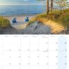 Eine Kalenderseite für Usedom …meine Insel 2025 mit einer ruhigen Strandszene auf Usedom mit zwei blauen Liegestühlen mit Blick auf das Meer, umgeben von Sand, Gras und einer großen Kiefer an einem klaren sonnigen