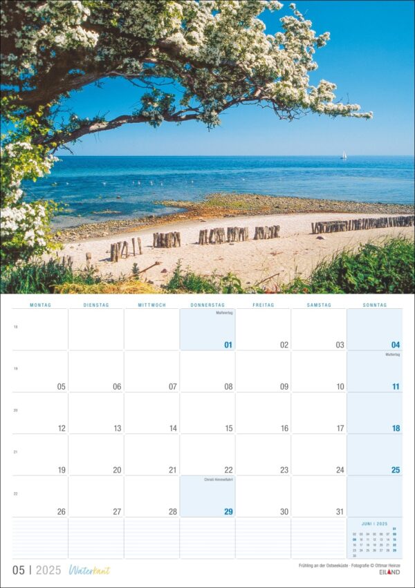 Eine Waterkant-Kalenderseite 2025 für Mai mit einem Landschaftsfoto eines Strandes mit blauem Wasser, einem blühenden Baum im Vordergrund und einem Segelboot in der Ferne. Der Text „Wasser“.