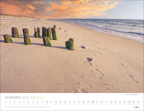 Ein Kalenderblatt für Sylt – Meine Insel 2025, das eine ruhige Strandszene auf Meine Insel Sylt bei Sonnenuntergang mit moosbedeckten Holzpfählen im Sand und einem leuchtend bewölkten Himmel zeigt.