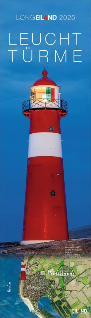 Ein Werbeplakat für LongEiland - Kalender 2025 mit einem leuchtend rot-weißen Leuchtturm vor einem Abendhimmel. Das Plakat enthält das Wort „Leuchttürme“ und eine Karte von LongE.