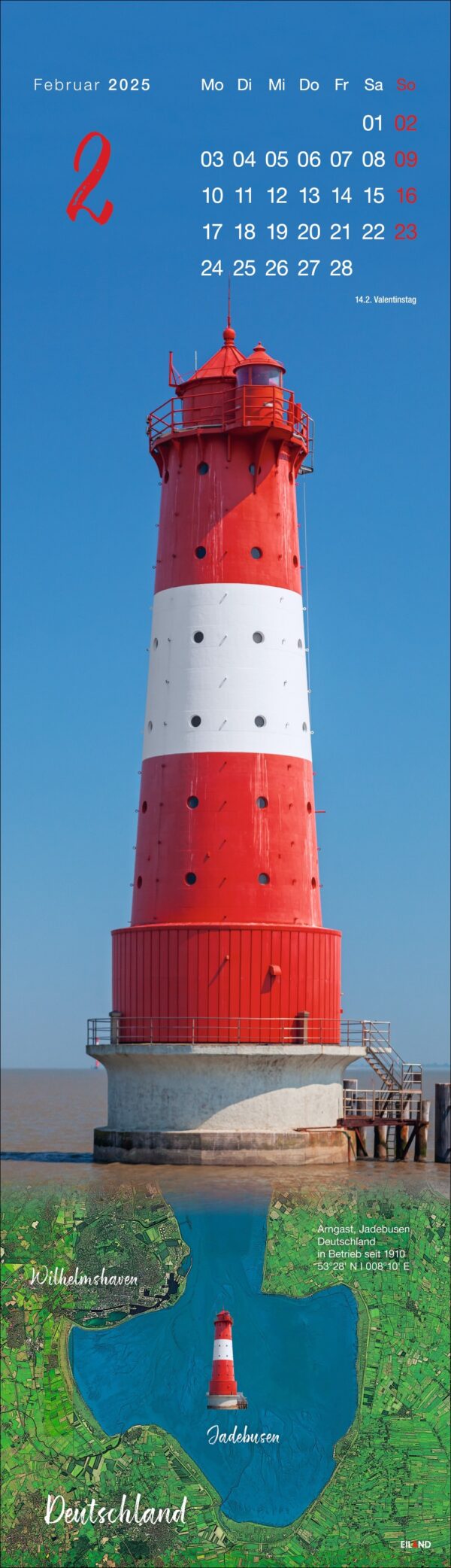 Ein LongEiland - Kalender 2025 für Februar mit einem Foto eines großen rot-weißen Leuchtturms an einem blauen Gewässer. Unten steht "Deutschland" mit einer kleinen Karte, die die