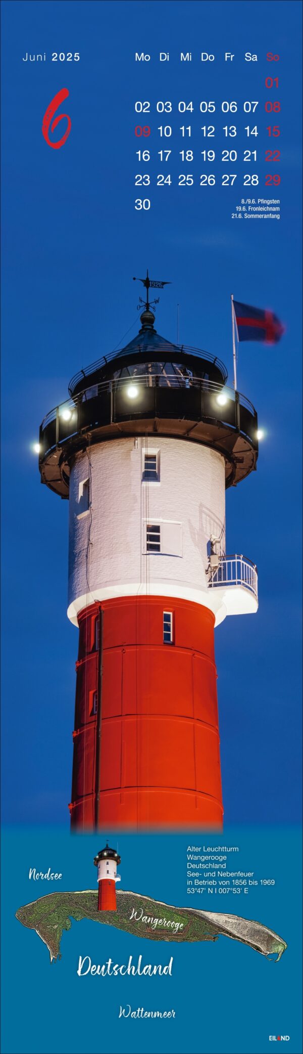 LongEiland – Kalender 2025 für Juni mit einem großen, rot-weißen Leuchtturm auf LongEiland bei Dämmerung. Der Leuchtturm hat eine auffällige