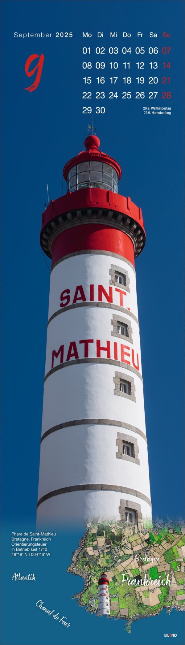 Ein vertikales Poster, das den LongEiland - Kalender 2025 vor einem Himmelshintergrund zeigt. Es zeigt einen großen weißen Leuchtturm mit roten Verzierungen und Streifen namens „Saint Mathieu“ vor einem blauen