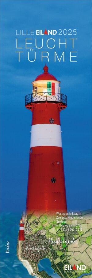 Werbeplakat für „LilleEiland – Kalender 2025“ mit einem lebendigen Bild eines großen rot-weißen Leuchtturms mit Blick auf das Meer vor einem strahlend blauen Himmel