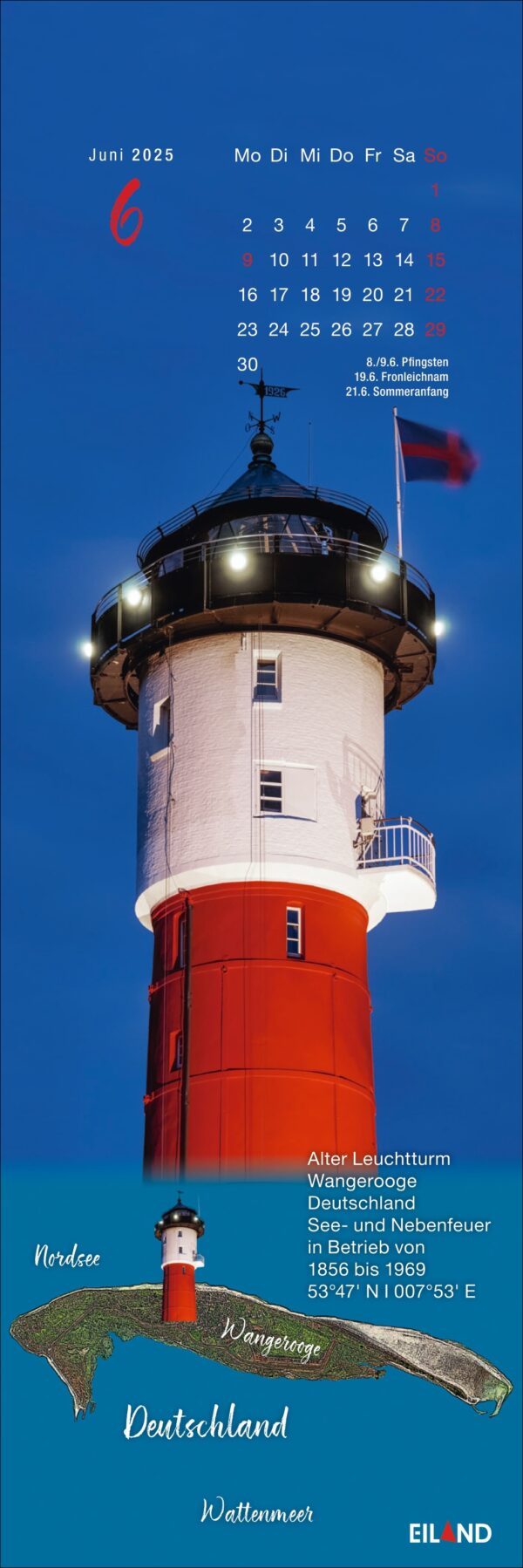 Eine Werbeseite für den LilleEiland-Kalender 2025 mit dem Juni 2025, mit einem großen rot-weißen Leuchtturm mit Blick auf die Nordsee. Der Text enthält Daten, Mondphasen und Ortsangaben auf Deutsch.