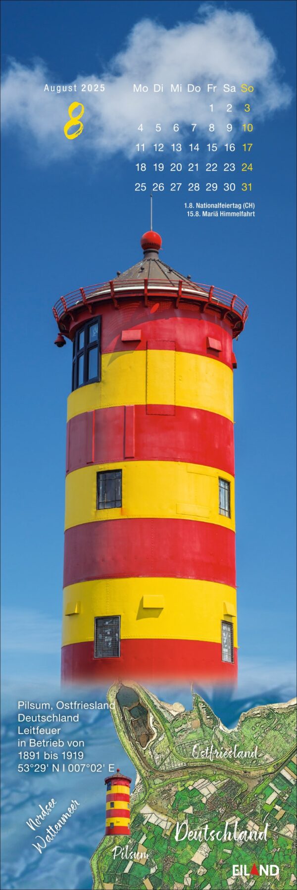 Ein farbenfroher Leuchtturm mit roten und gelben Streifen unter einem klaren blauen Himmel auf einer „LilleEiland – Kalender 2025“-Seite, einschließlich deutschem Text und Daten vom 1. bis 31.