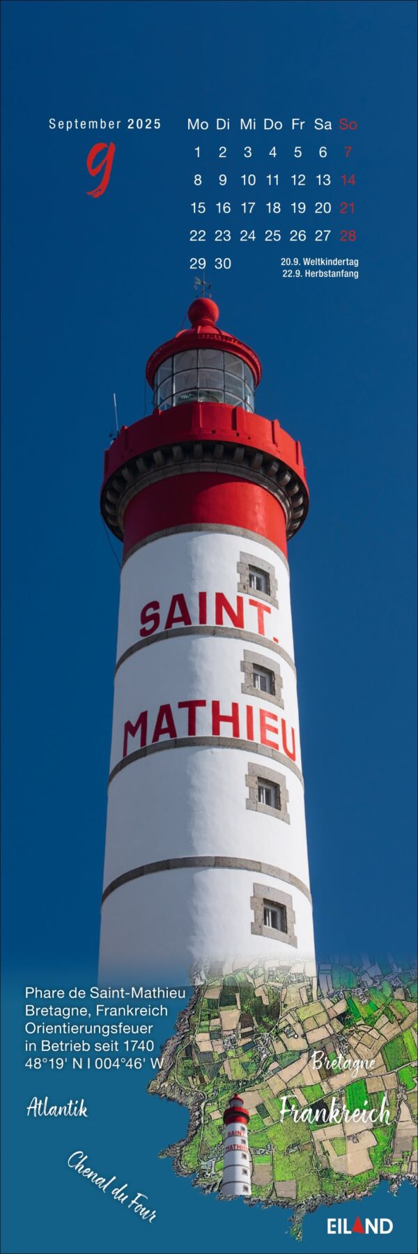Ein vertikaler LilleEiland - Kalender 2025 für September mit dem Phare de Saint-Mathieu, einem hohen, schlanken Leuchtturm auf einer Klippe. Der Leuchtturm ist weiß mit roten Details und blickt auf eine Grasfläche
