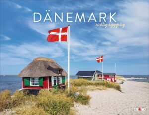 Eine malerische Aussicht in Dänemark - richtig hyggelig 2025 mit einem traditionellen strohgedeckten Haus neben einem modernen Gebäude, beide mit dänischer Flagge. Die ruhige Kulisse umfasst einen klaren blauen Himmel und ein ruhiges Meer. Text auf dem