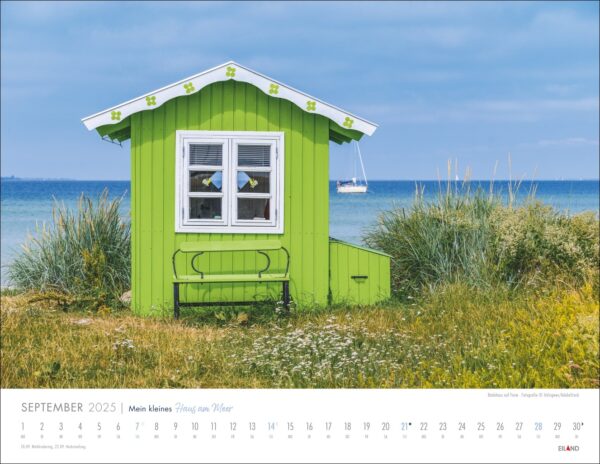Ein leuchtend grünes Mein kleines Haus am Meer 2025 mit einem weiß gerahmten Fenster, gelegen an einer Sandküste mit grasbewachsenen Dünen, blickt auf ein ruhiges blaues Meer mit einem weißen Segelboot in der Ferne, unter einem