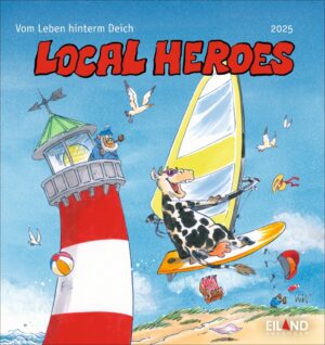 Illustration einer surfenden Kuh mit Sonnenbrille neben einem rot-weißen Leuchtturm. Die Szene umfasst Vögel, ein Segelboot und kleinere Bilder des Strandlebens wie eine Krabbe und Local Heroes 2025.