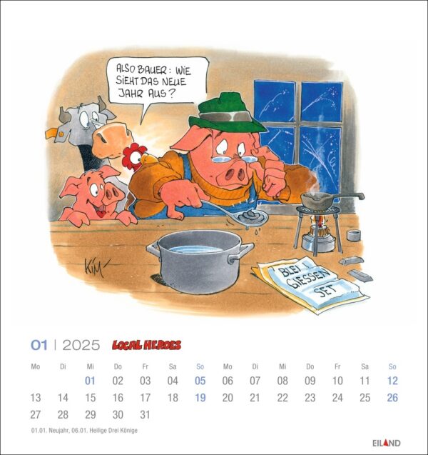 Ein Cartoon zeigt drei Schweine, die auf einer unordentlichen Baustelle einen Bauplan studieren. Die Pläne sind auf Deutsch angegeben. Unter dem Bild befindet sich ein Kalender für Januar 2025 mit dem Thema „Local Heroes 2025“.