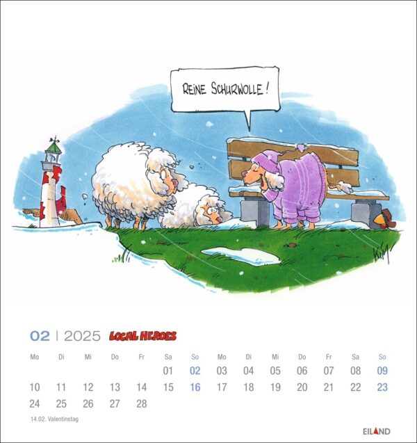 Ein humorvoller Cartoon, der ein Schaf und ein Schwein neben einer Holzkiste mit Decken neben einem Leuchtturm zeigt. Das Schwein im lila Pyjama gähnt und sagt „Local Heroes 2025“.
