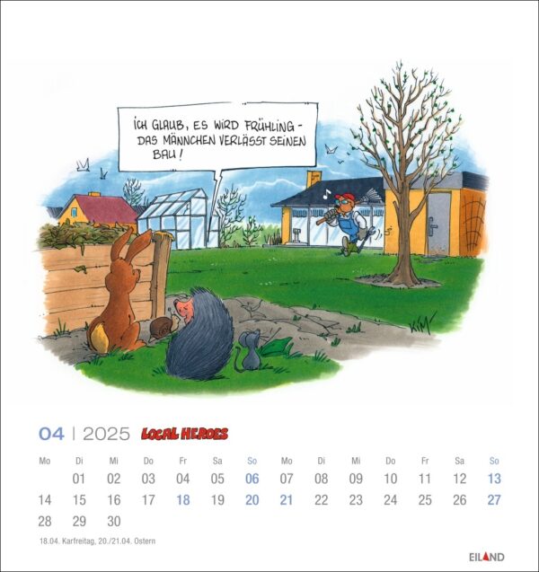 Eine skurrile Illustration einer Parkszene auf der Kalenderseite von Local Heroes 2025. Eichhörnchen und Igel in einer Grasfläche mit Bäumen, während ein Bauer davonläuft, aufgeschreckt von einer sprechenden Vogelscheuche, die verkündet, dass es Frühling ist