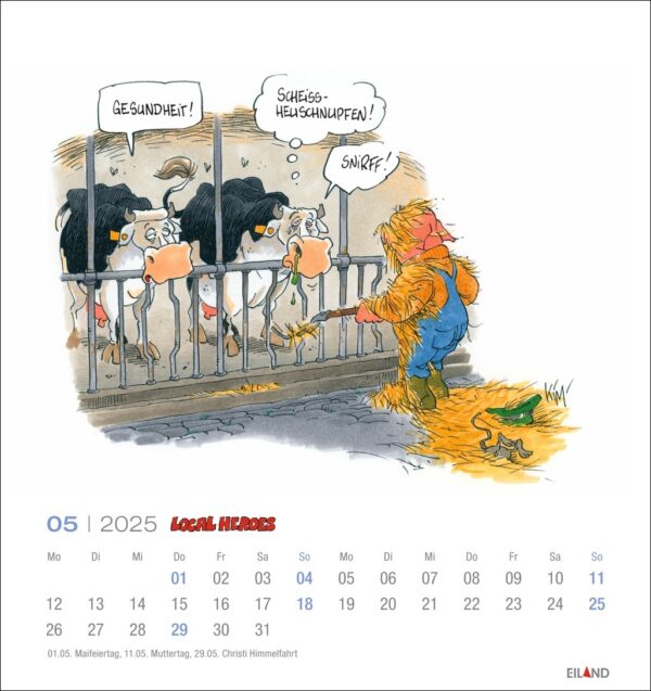 Ein Cartoon auf einer Kalenderseite von Local Heroes 2025 zeigt einen Bauern, der in einem Stall neben Kühen niest, die humorvoll in Sprechblasen antworten. Die Kühe tragen Masken und