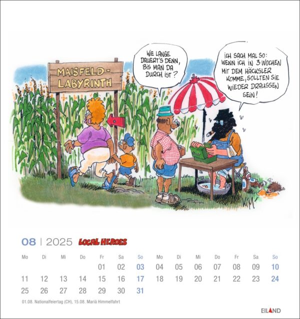 Illustration aus dem Kalender „Local Heroes 2025“, die vier Cartoon-Kinder bei Sommeraktivitäten zeigt: ein Mädchen neben einem großen Maislabyrinth, ein anderes, das von einer Biene gequält wird, ein Junge, der Wassermelone isst, und ein Mädchen, das Getränke verkauft.