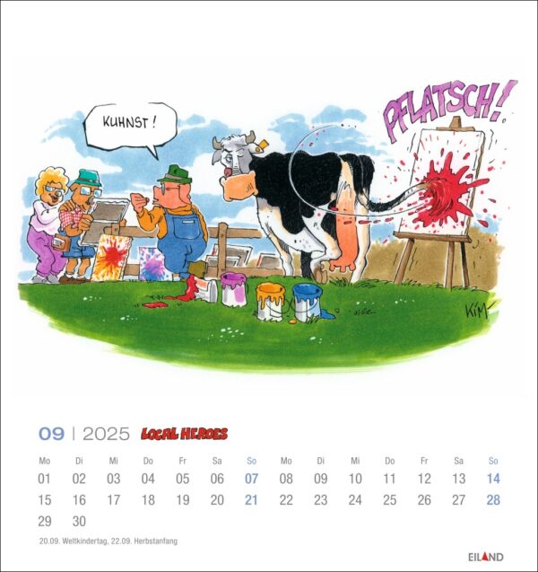 Eine lustige Karikatur einer Kuh, die bei einer Zaunbemalungsaktion der Local Heroes 2025 spielerisch einen Eimer mit roter Farbe umstößt und eine Frau nassspritzt, während Zuschauer, darunter ein Künstler und