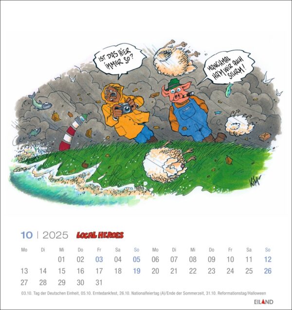 Illustration aus dem Kalender „Local Heroes 2025“ mit zwei als Detektive verkleideten Schafen auf einem schlammigen Feld, die Wollbüschel untersuchen, mit Sprechblasen im Comic-Stil. Tage und Daten für Oktober.