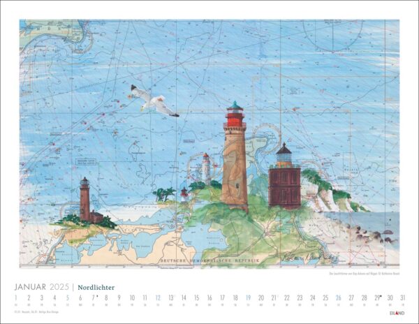 Eine Nordlichter - See(h)karten 2025 Kalenderseite für Januar mit einem See(h)karten-Hintergrund. Die Karte zeigt Abbildungen eines Leuchtturms, Vögel, eines Segelschiffs und weitere maritime und geografische Details.