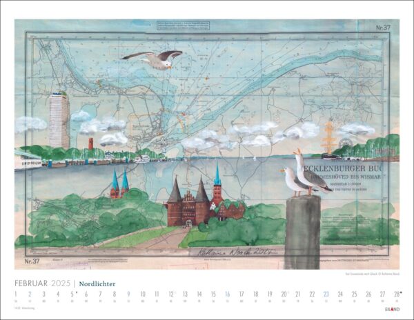 Eine künstlerische Nordlichter - See(h)karten 2025 für Februar 2025 mit einem Vintage-See(h)karten-Hintergrund mit überlagerten Illustrationen, darunter eine Skyline der Stadt, Möwen, Wolken und nautische Motive. Daten der