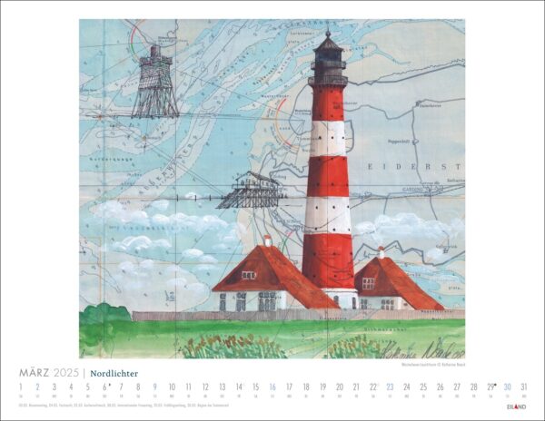 Ein künstlerischer Nordlichter – See(h)karten-Kalender 2025 für März mit einer detaillierten Zeichnung eines hohen rot-weiß gestreiften Leuchtturms mit angrenzenden Gebäuden auf einem See(h)karten-Hintergrund, hervorgehoben durch nautische und geografische Linien.